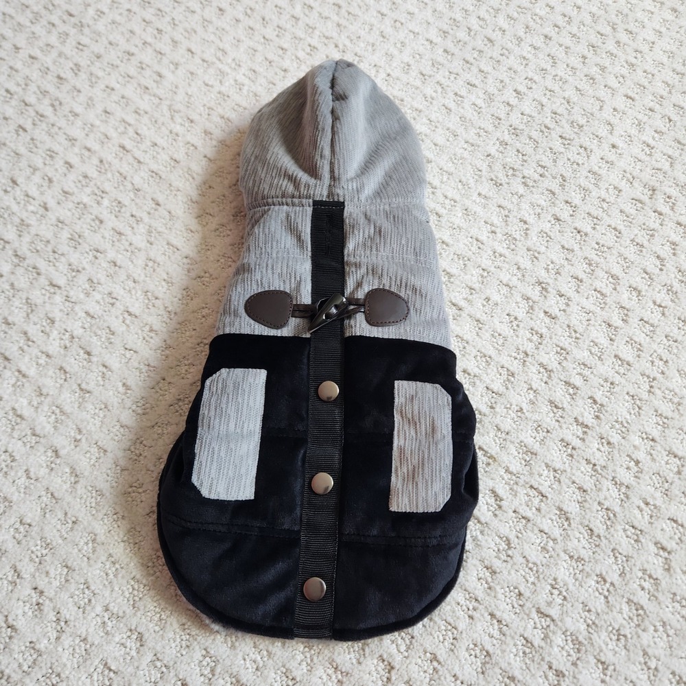 Gray Black Corduroy Faux Fur Lined Dog Hoodie Jacket Toggle Coat Small Medium